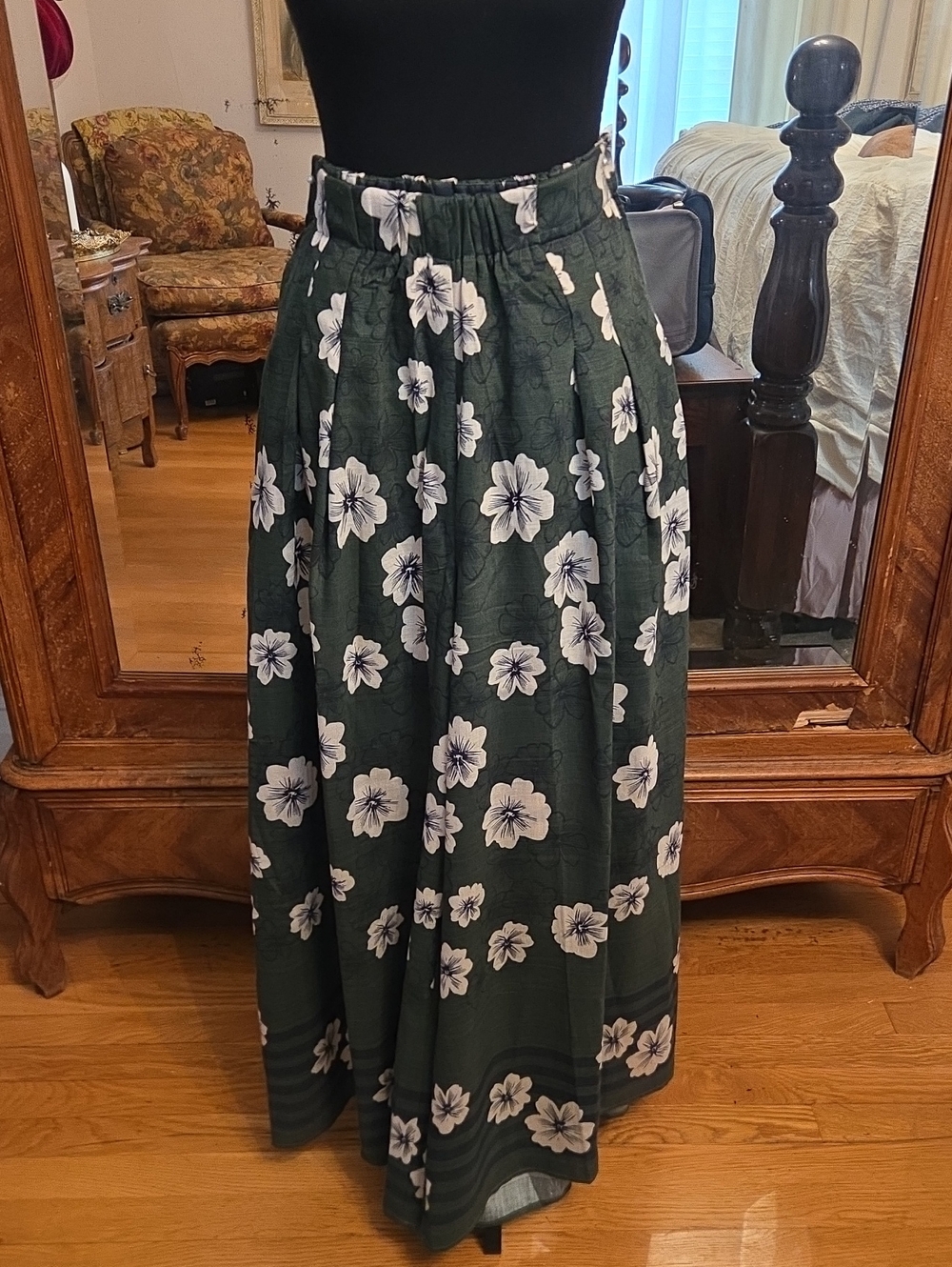 Umgee Dark Green Wide Leg Pants with White Floral Print